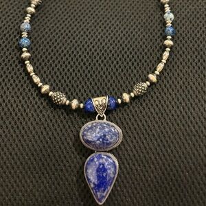 Vintage Southwestern Sterling Silver Navajo Pearls Lapis Pendant Necklace